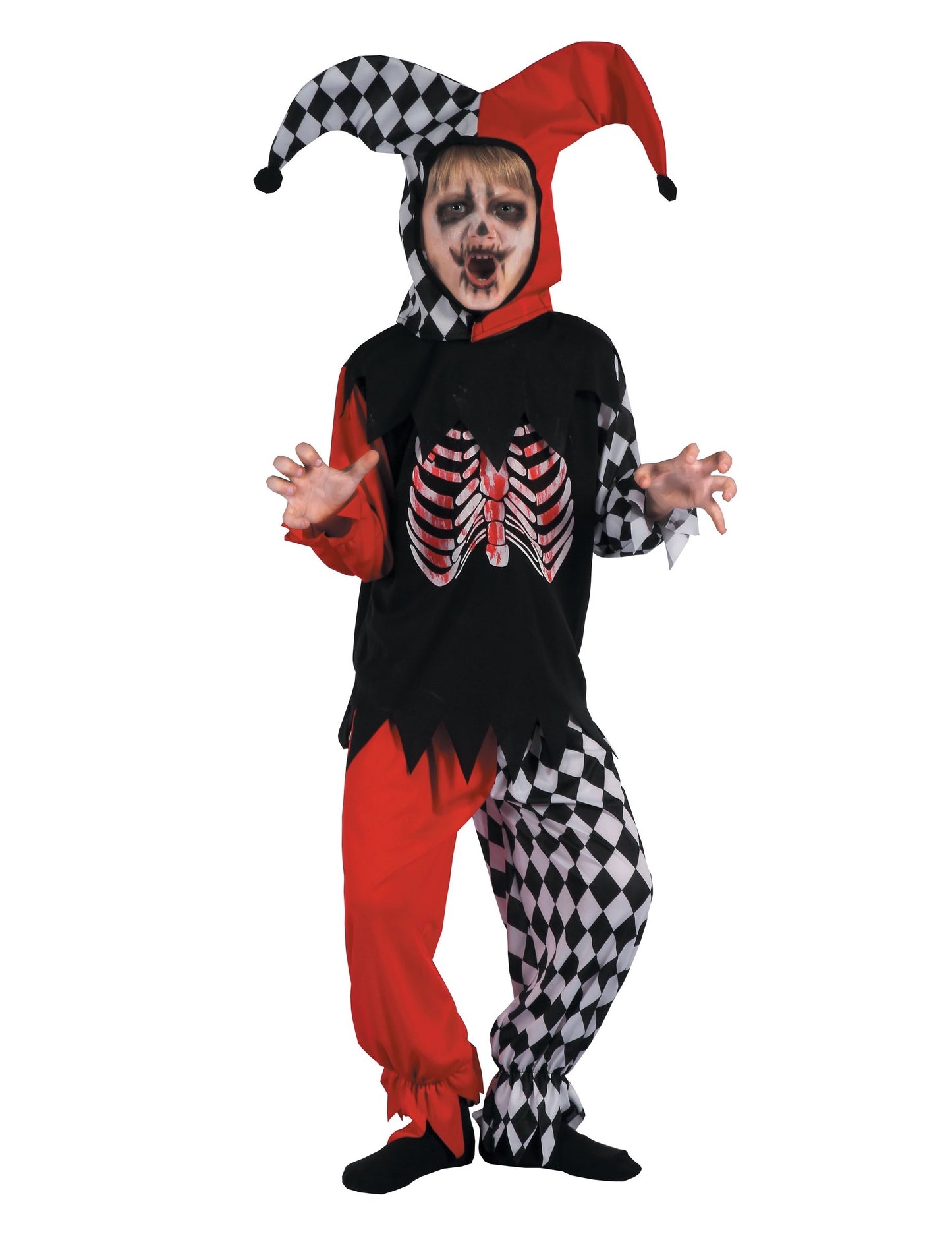 Déguisement d'arlequin sanglant pour garçon rouge et noir avec damier et squelette