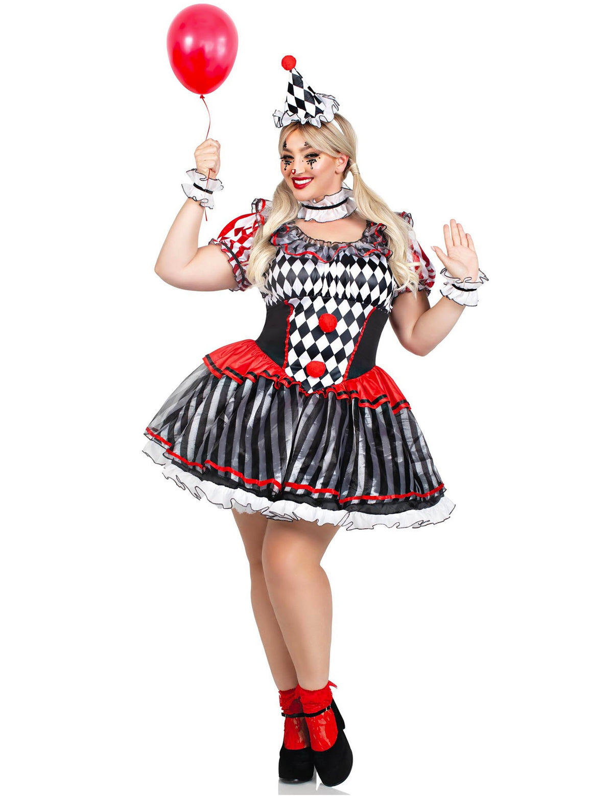 Déguisement arlequin sexy pour femme noir et blanc à losanges et détails rouges