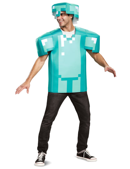 Vue de face du déguisement armure Minecraft pour adulte