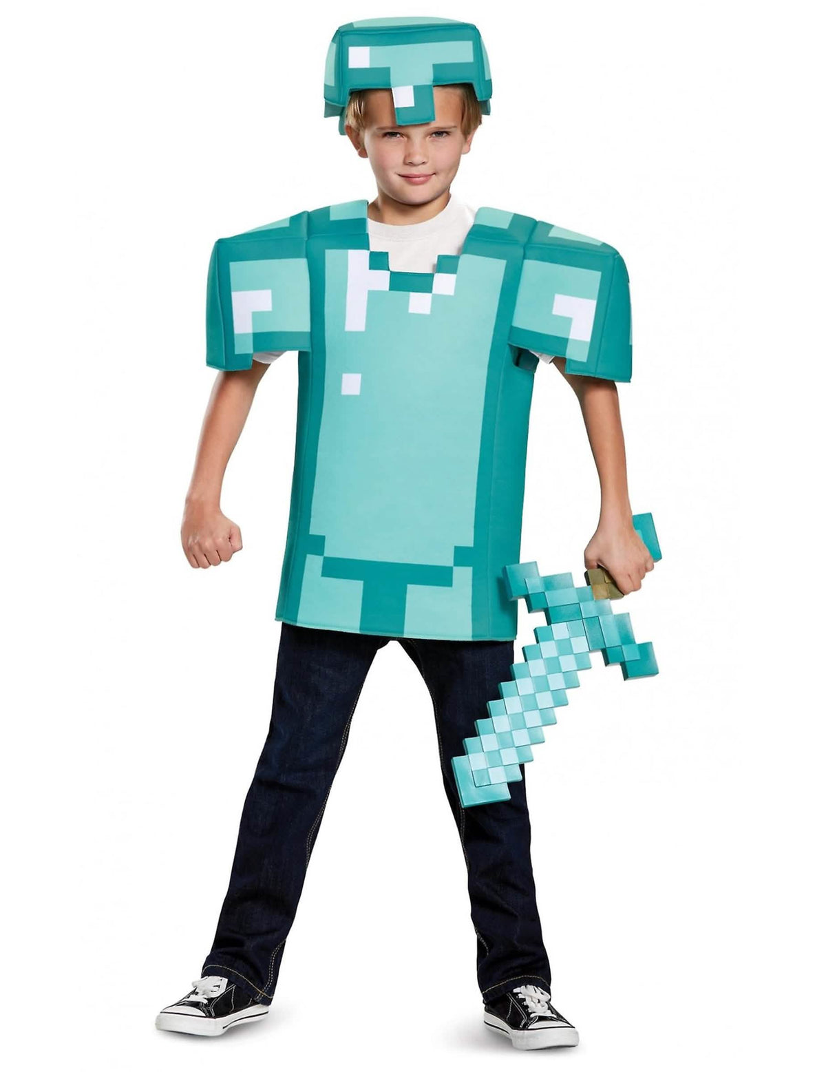 Kostým brnenia Minecraft pre dieťa tyrkysová modrá s helmou a mečom