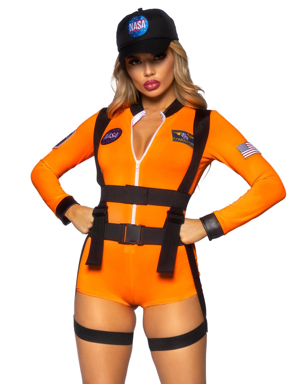 Déguisement astronaute combishort sexy pour femme orange avec harnais et casquette NASA