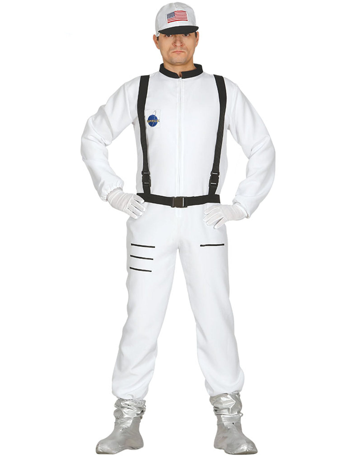 Déguisement d'astronaute pour homme blanc avec bretelles noires et casquette