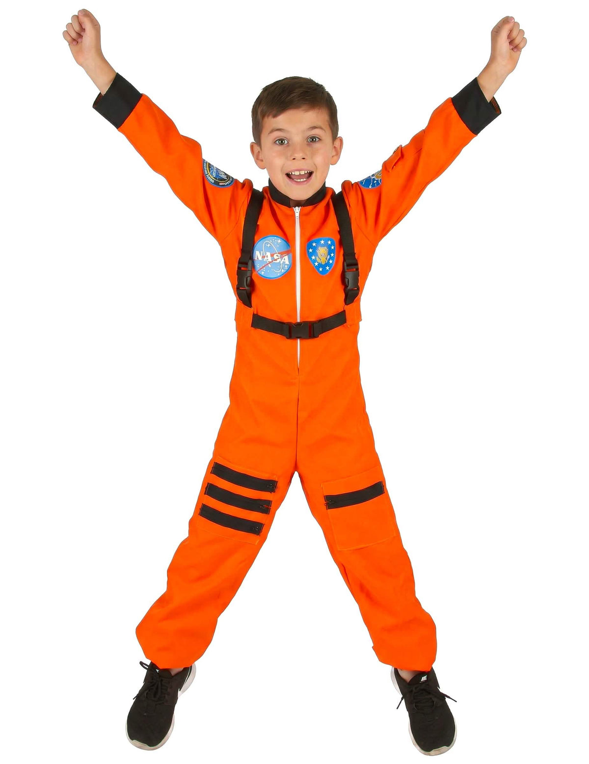 Kostým astronauti pre chlapec oranžová s čierna postrojom a nášivkami NASA