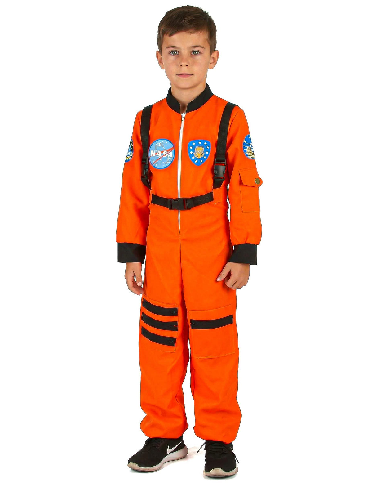 Pohľad spredu na oranžový kostým astronauti pre chlapec