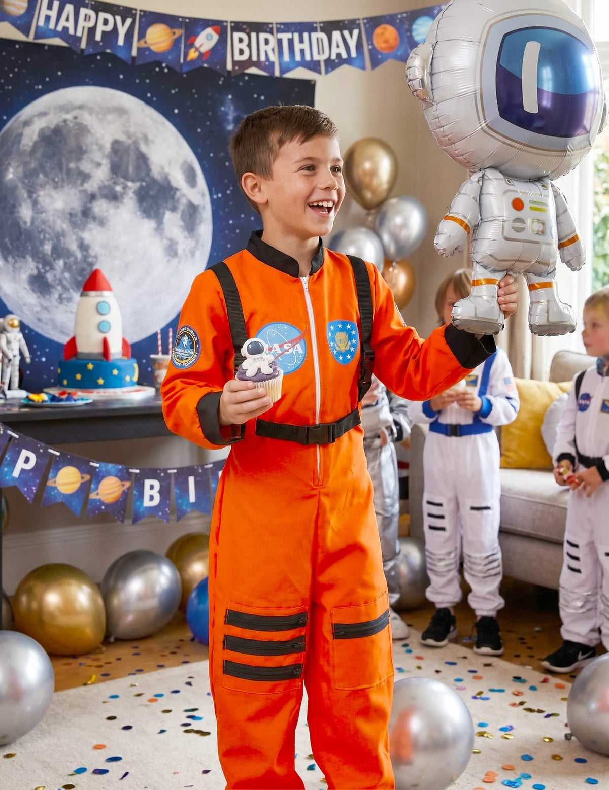 Narodeninová scéna s kostýmom astronauti pre chlapec oranžová