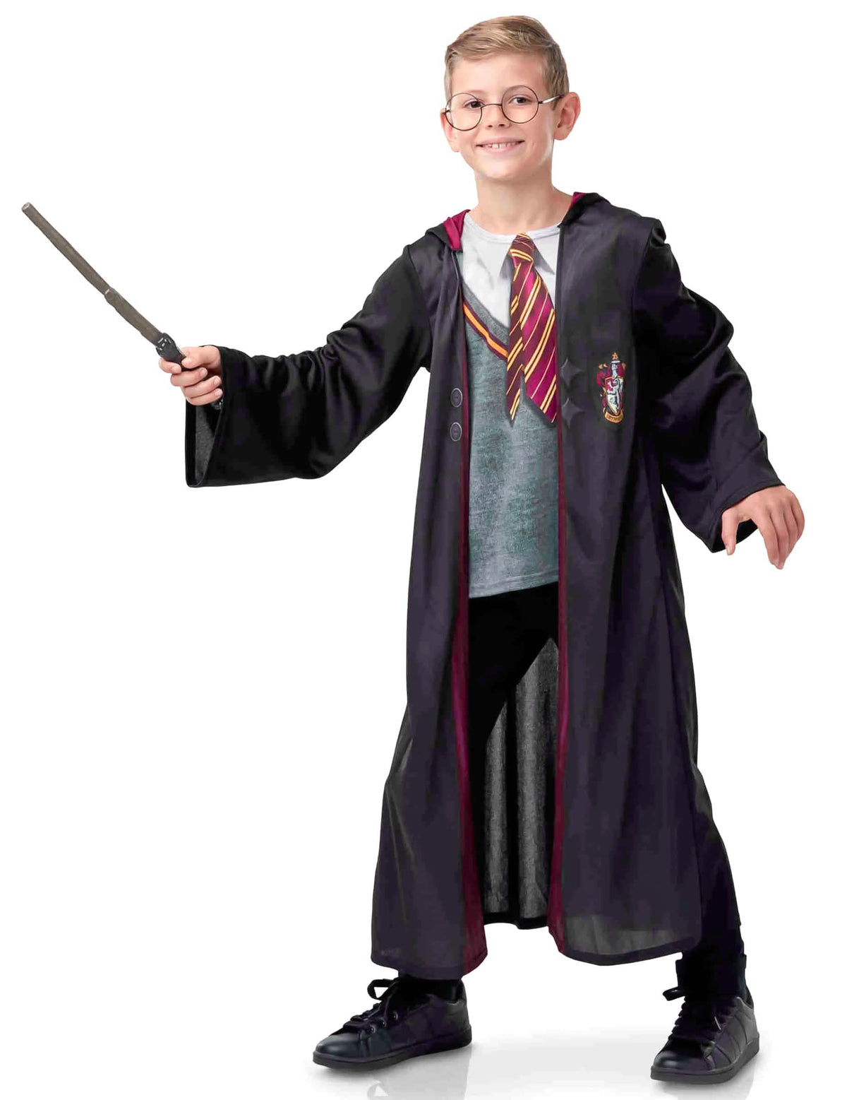 Kostým s doplnkami Harry Potter pre dieťa čierna a bordová s prútikom a okuliarmi