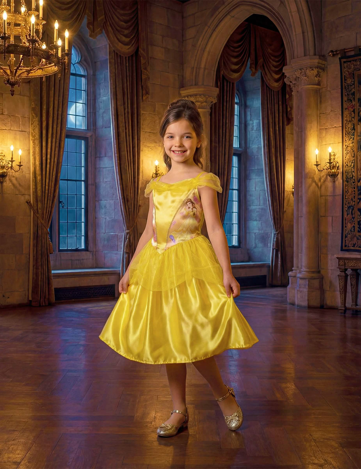 Vue d'ensemble dans un décor de château du déguisement basique Belle™