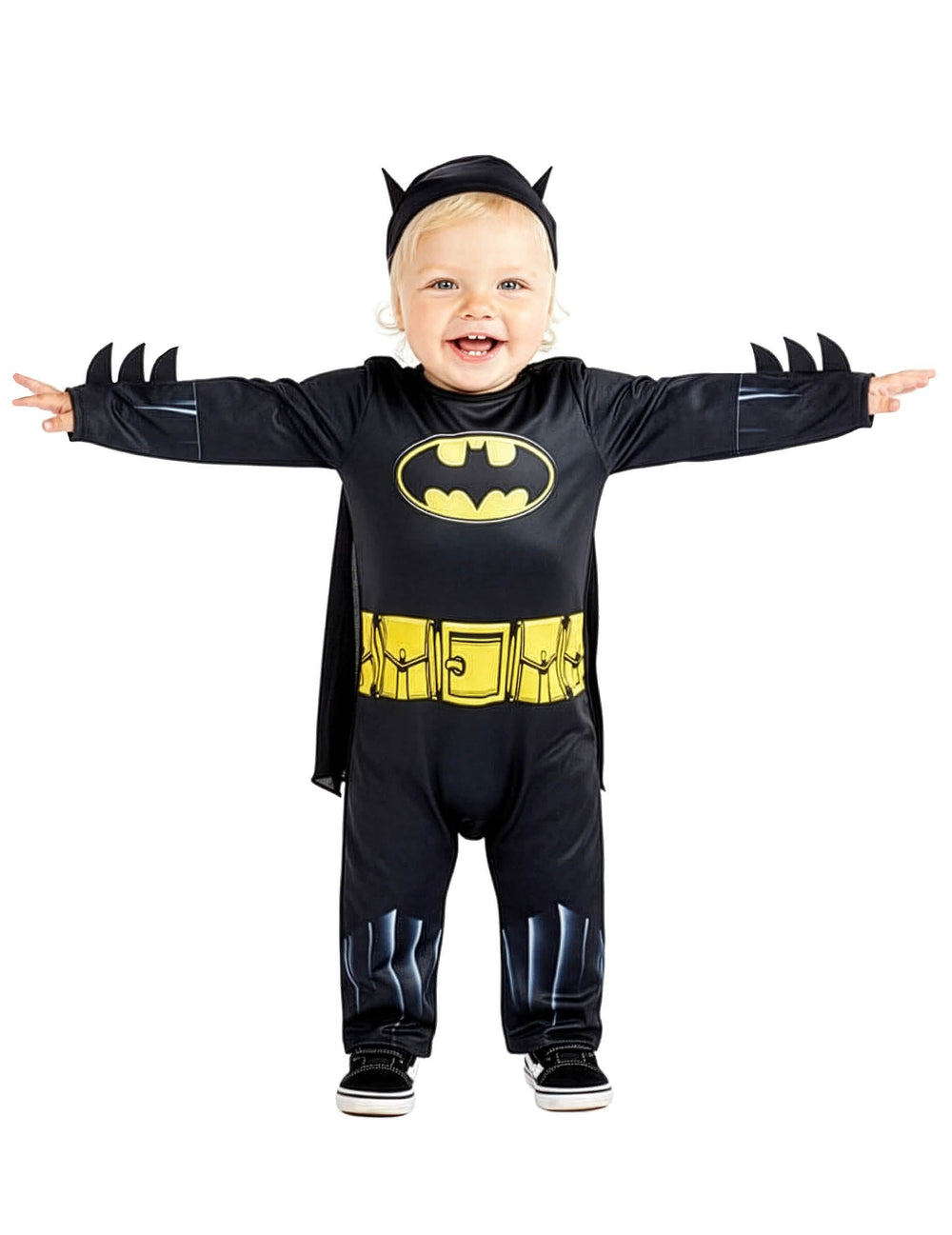 Predný pohľad s roztiahnutými rukami na kostým Batman™ pre bábätko