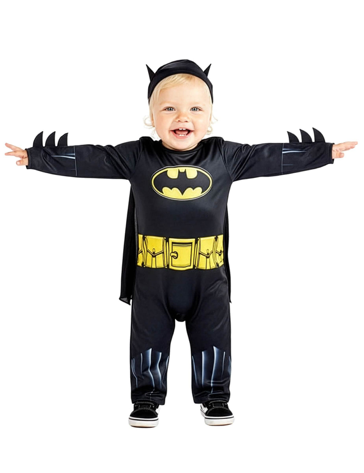 Predný pohľad s roztiahnutými rukami na kostým Batman™ pre bábätko