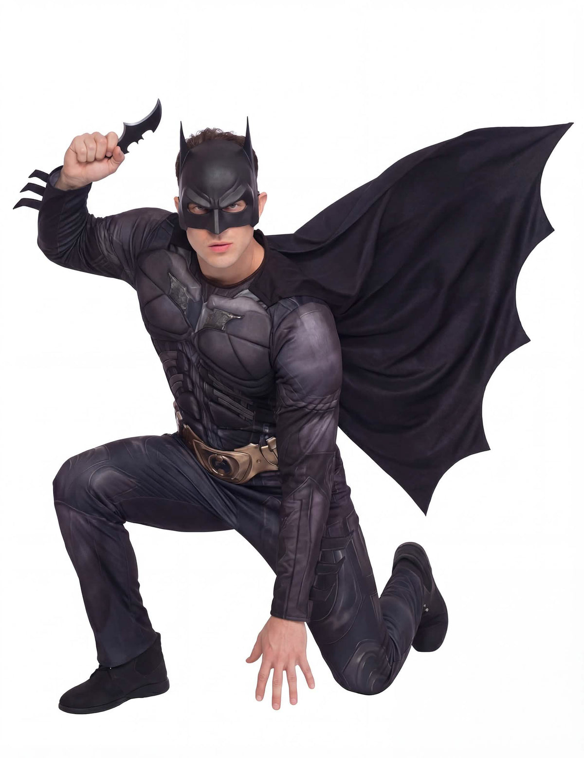 Bojová póza s batarangom z luxusného kostýmu Batman™ Dark Knight Rises pre muža