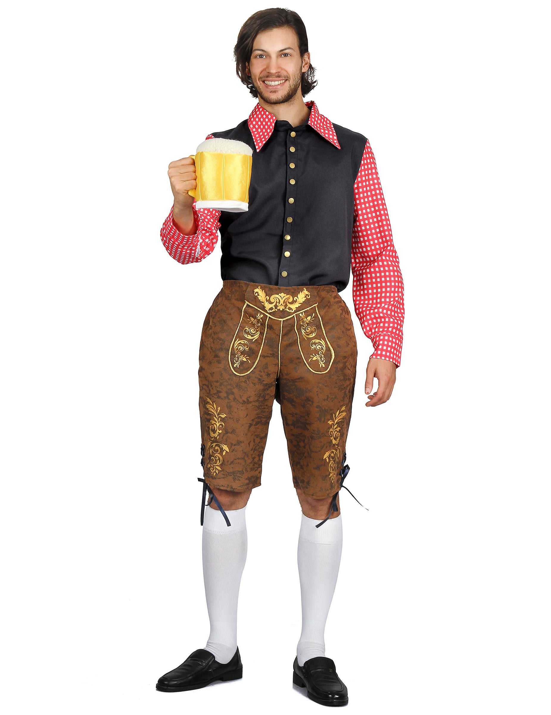 Déguisement bavarois à carreaux pour homme marron et rouge