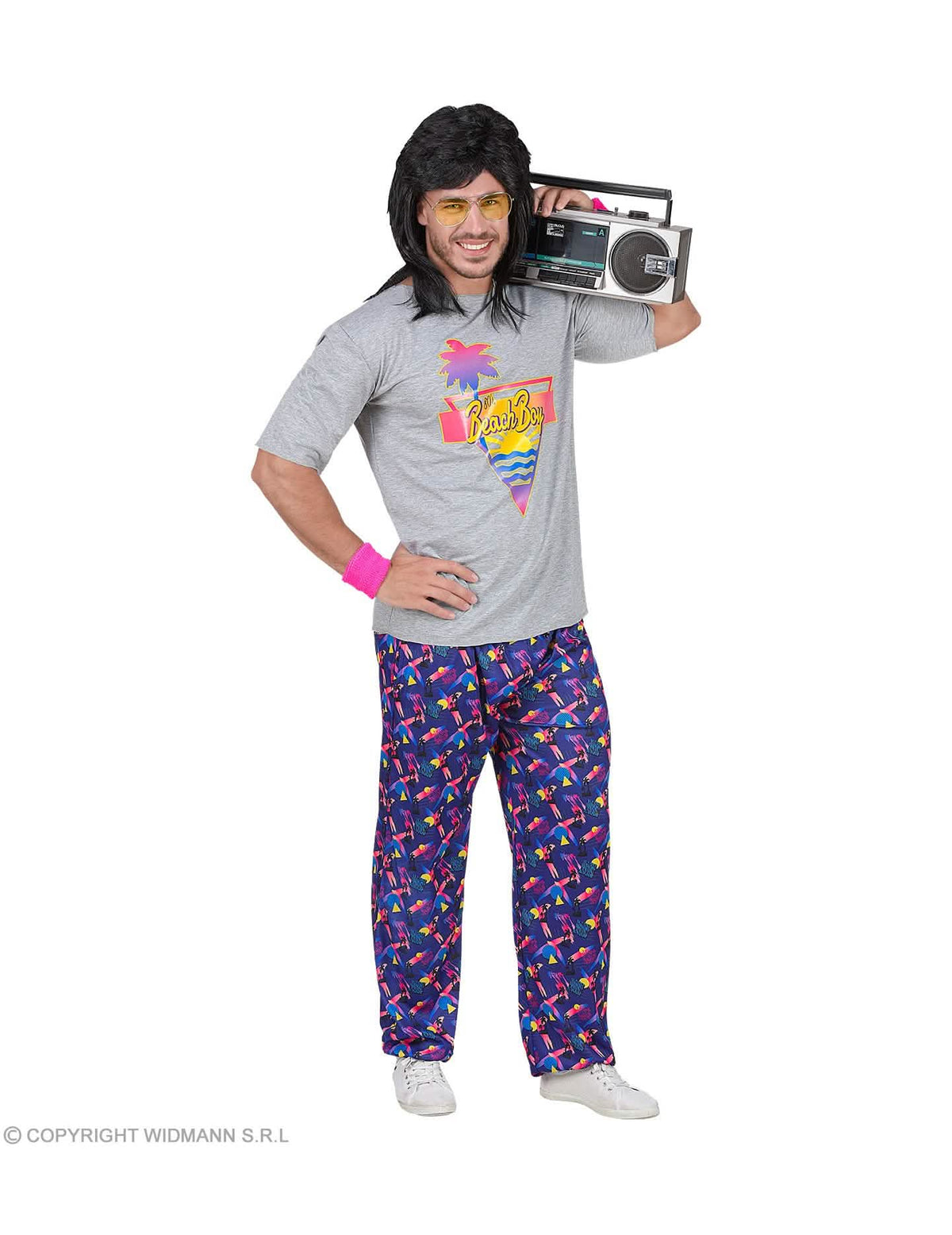 Pohľad spredu s rádiom a kazetovým prehrávačom na ramene kostýmu beach boy z 80. rokov pre muža