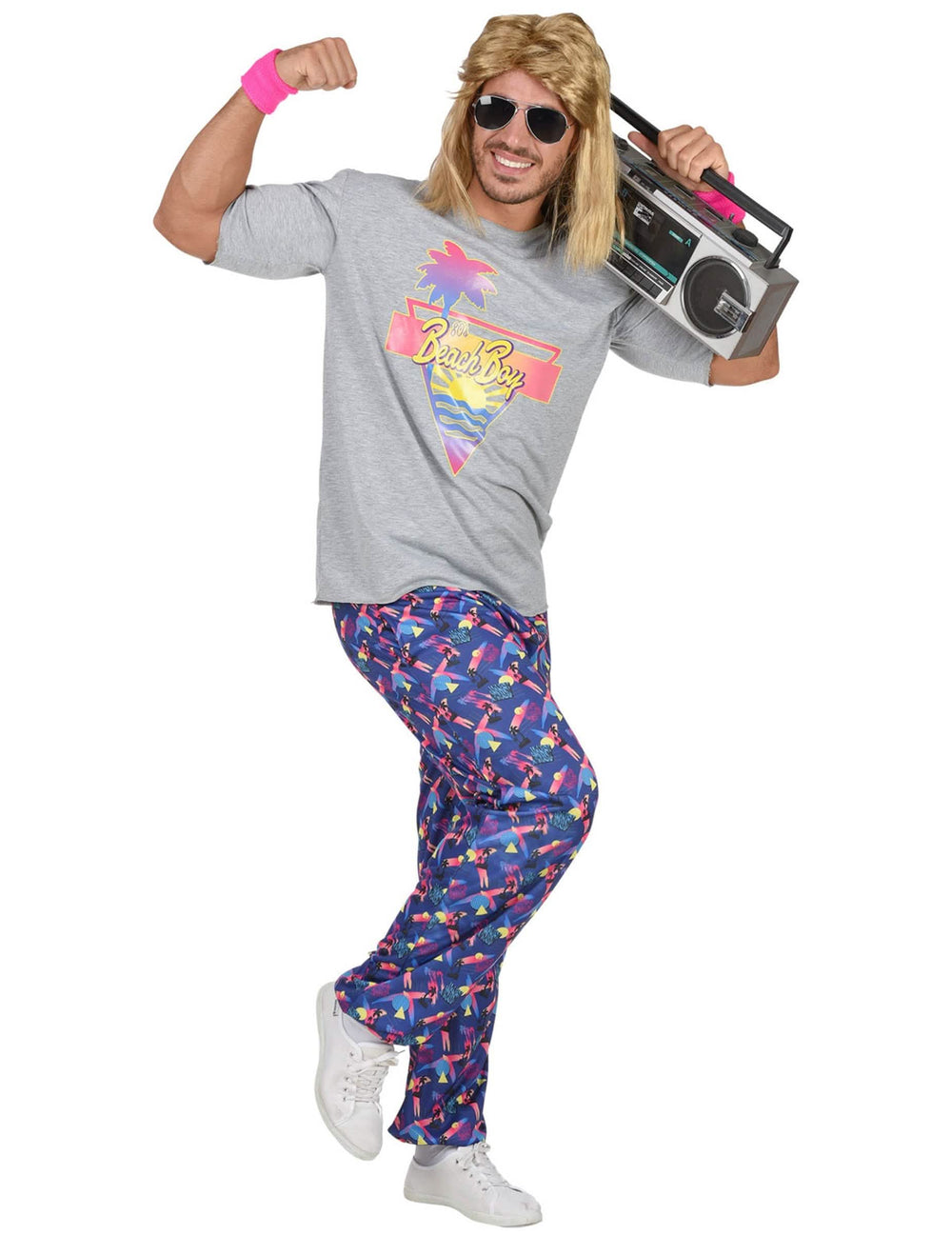 Kostým beach boy z 80. rokov pre muž v sivej s modrými potlačenými nohavicami a blond parochňou