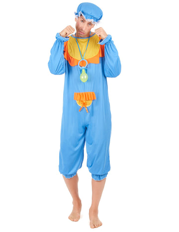 Déguisement de bébé pour homme bleu et jaune avec bonnet et tétine géante