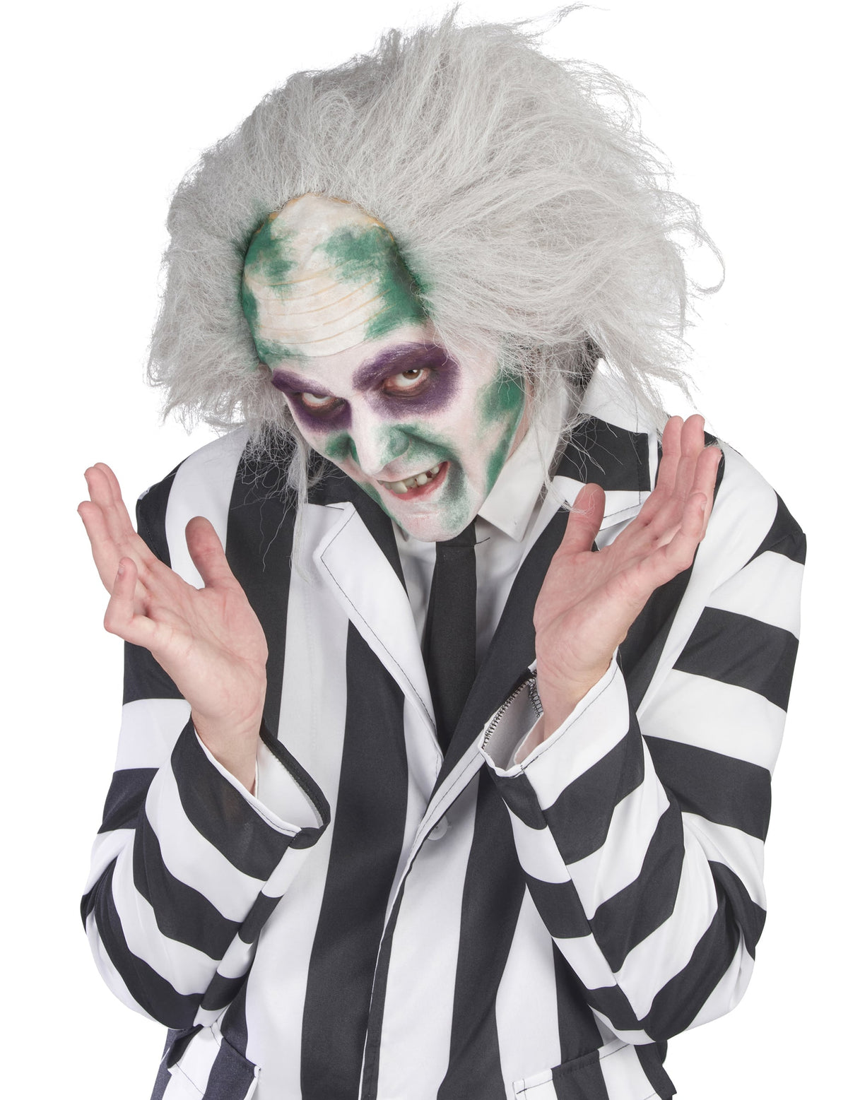 Gros plan sur le maquillage et la perruque du déguisement Beetlejuice™ pour homme