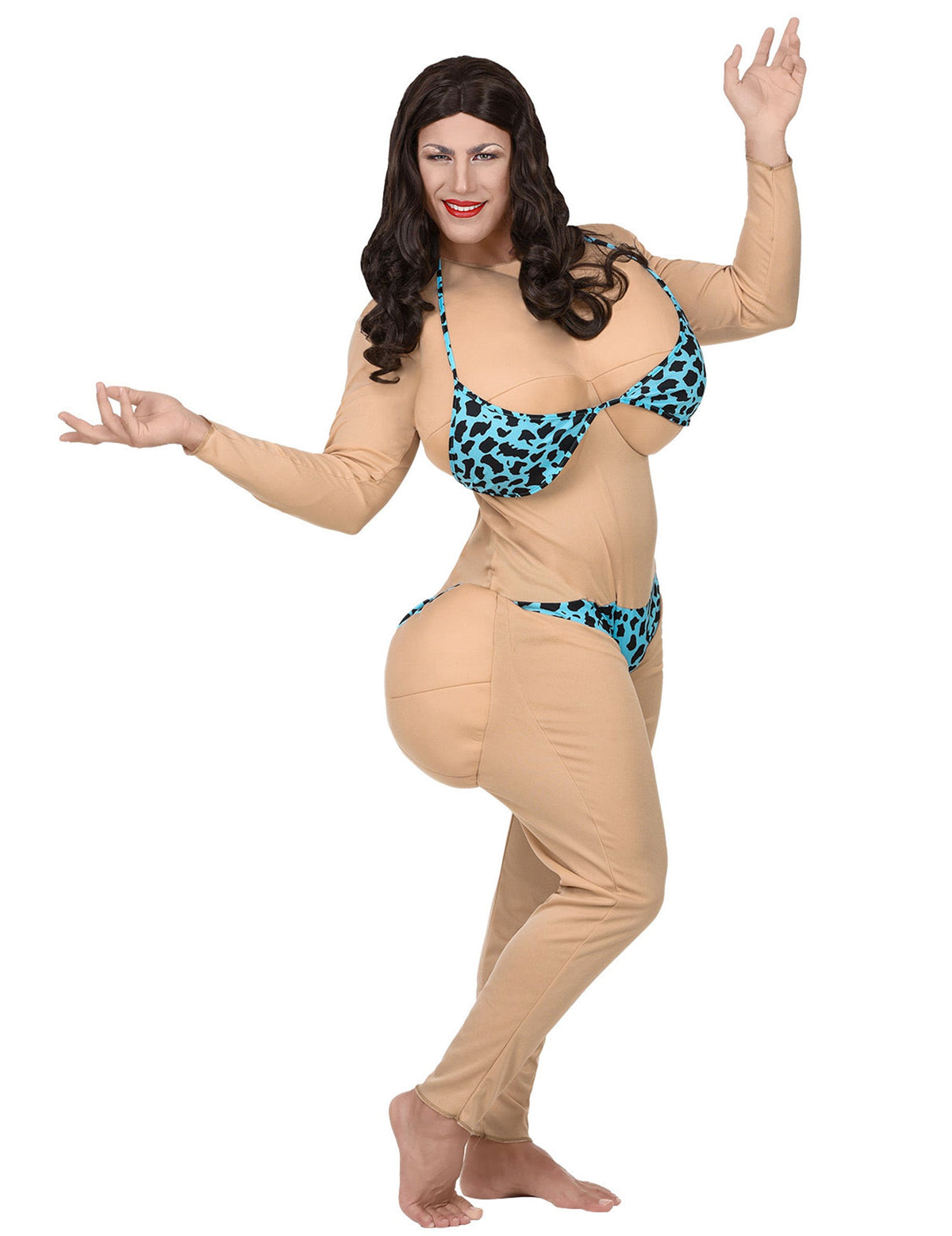 Déguisement bimbo des plages pour adulte chair avec bikini bleu léopard rembourré