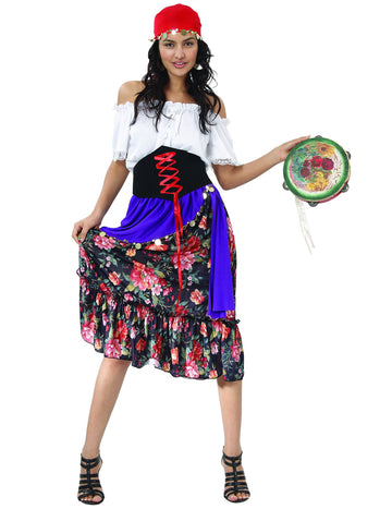 Déguisement de bohémienne fleurie pour femme avec haut blanc et jupe bleue à fleurs
