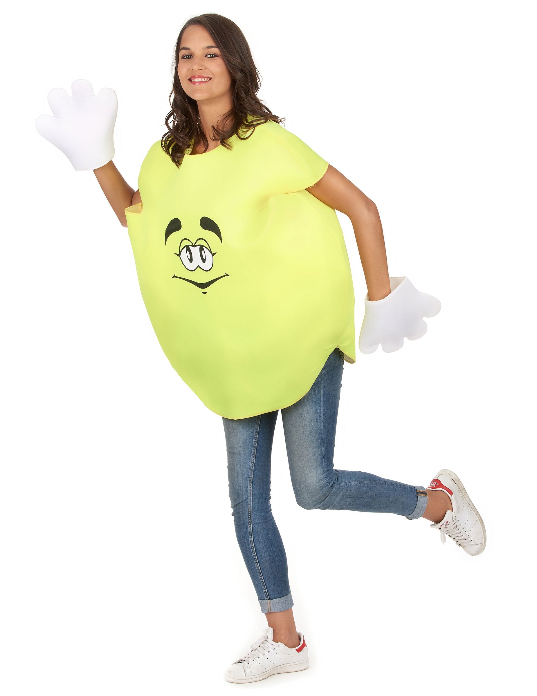 Vue de face en mouvement du déguisement de bonbon pour adulte