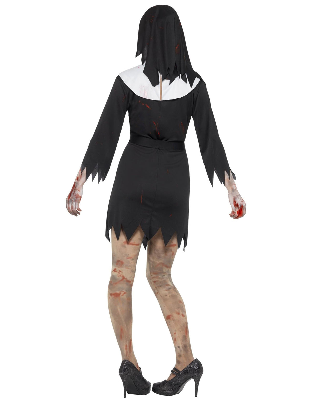 Vue de dos du déguisement bonne soeur zombie pour femme