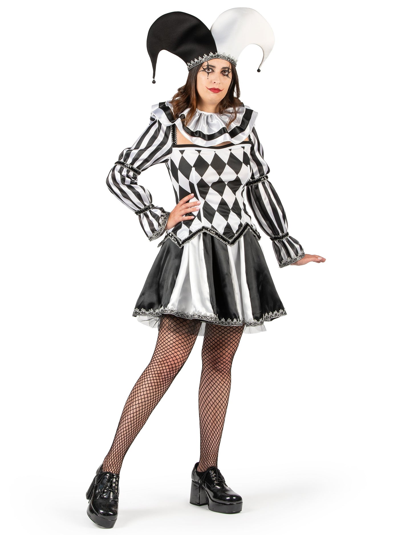 Luxusný dámsky kostým diabolského šaša v čierno-bielej farbe 
