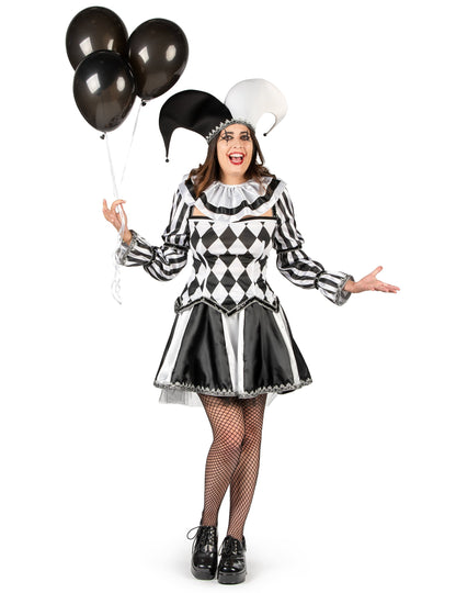 Luxusný dámsky kostým diabolského šaša v čierno-bielej farbe 