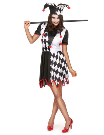 Déguisement de bouffon pour femme noir et blanc à losanges et pompons rouges