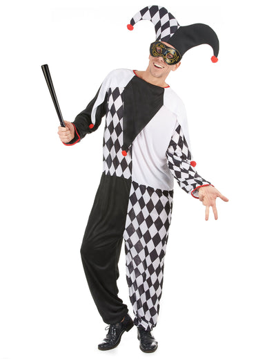 Déguisement de bouffon pour homme noir et blanc à damiers avec bonnet et masque