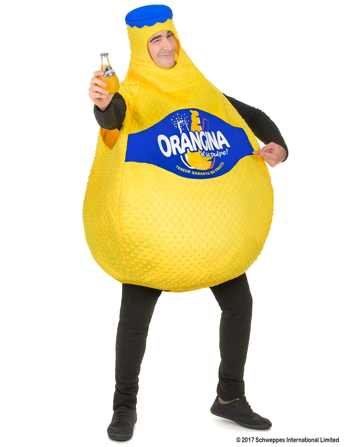 Déguisement Bouteille d'Orangina™ pour adulte jaune avec étiquette bleue