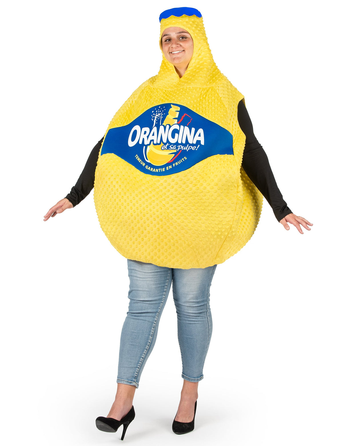 Vue de face du déguisement Bouteille d'Orangina™ pour adulte