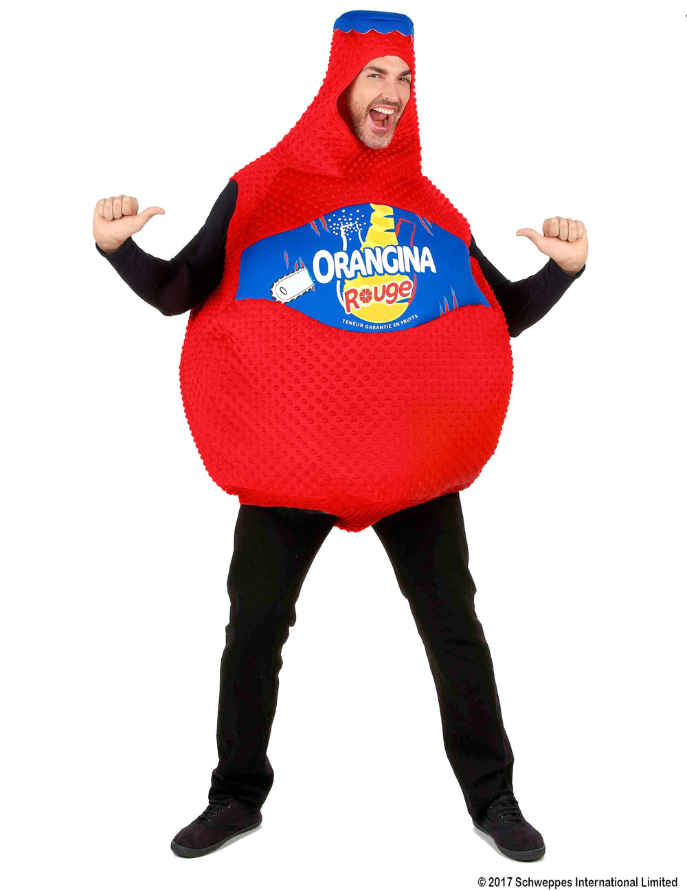 Vue d'ensemble de face du déguisement bouteille d'orangina rouge