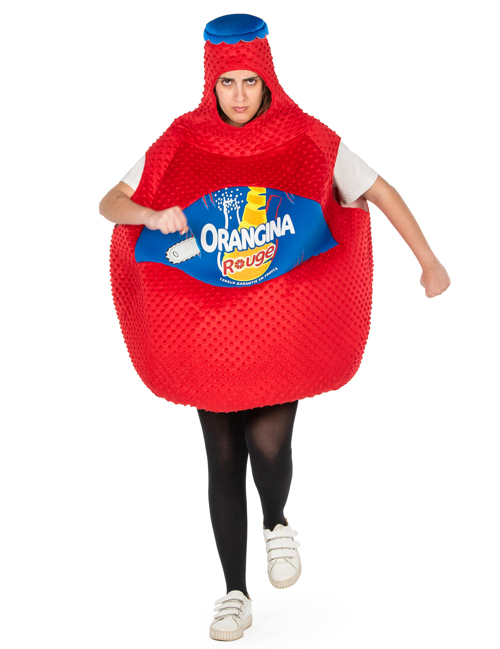 Vue de face en mouvement du déguisement bouteille d'orangina rouge