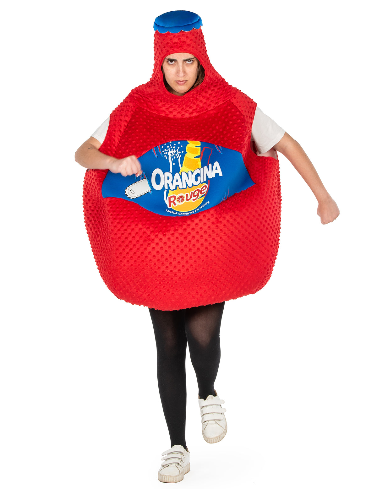 Vue de face en mouvement du déguisement bouteille d'orangina rouge