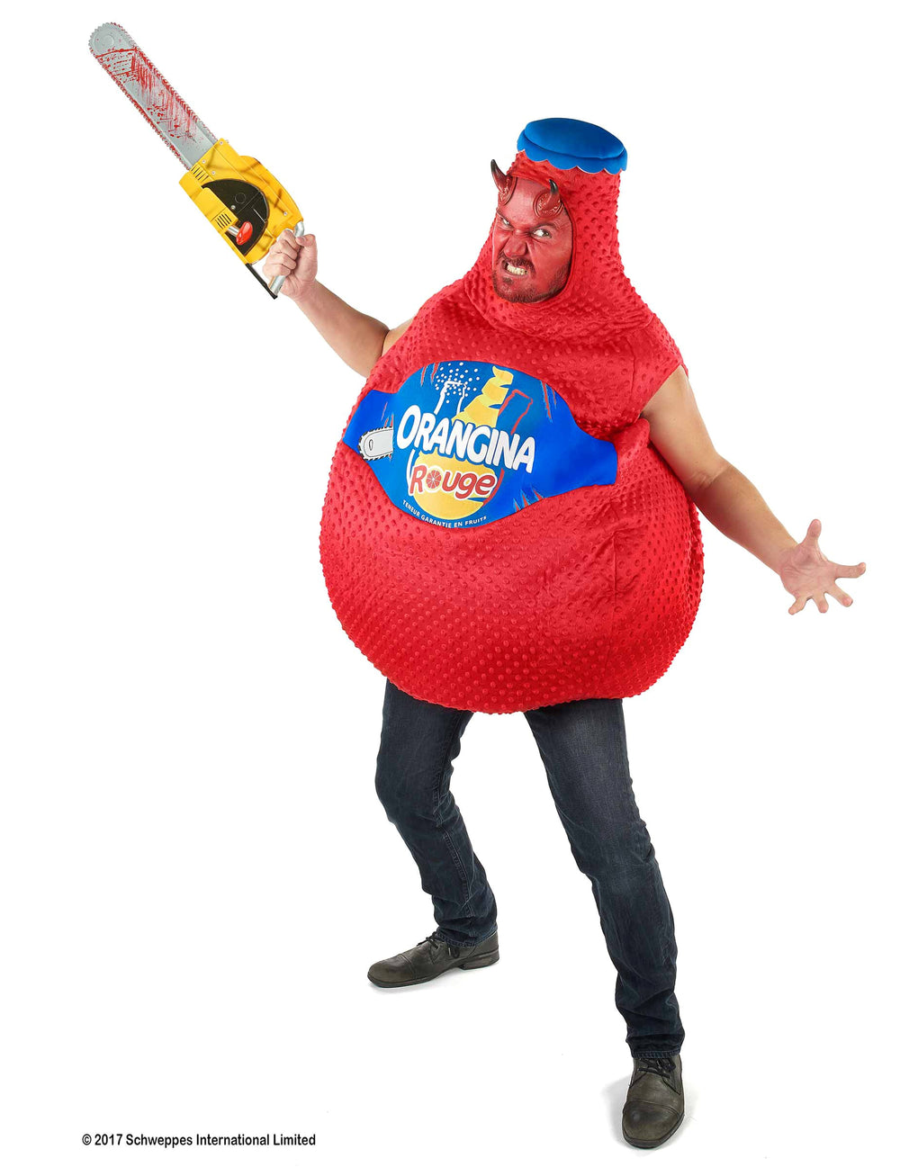 Déguisement Bouteille d'Orangina Rouge pour adulte rouge avec tronçonneuse
