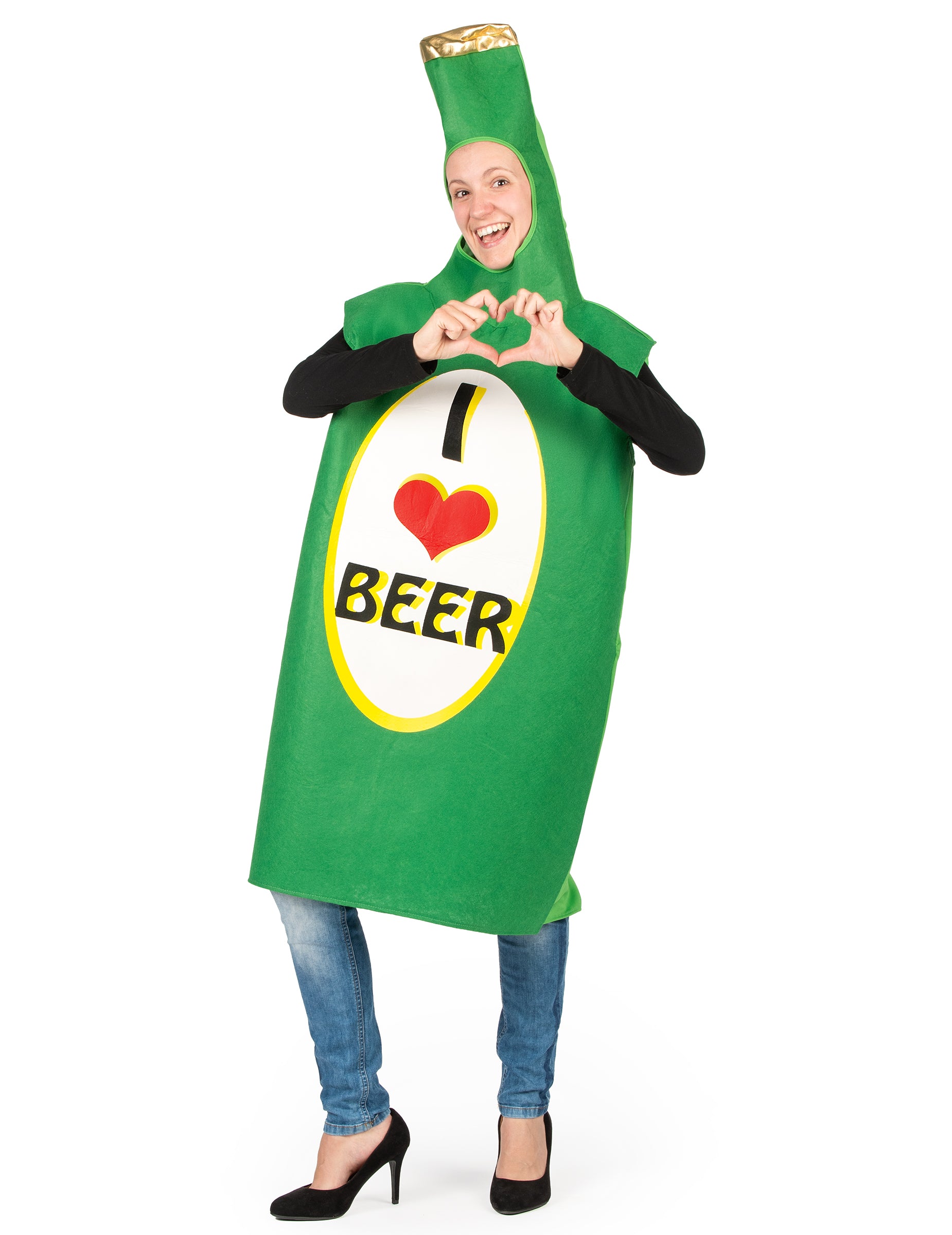 Pozícia s rukami v srdci déguisovania fľaše piva pre dospelých