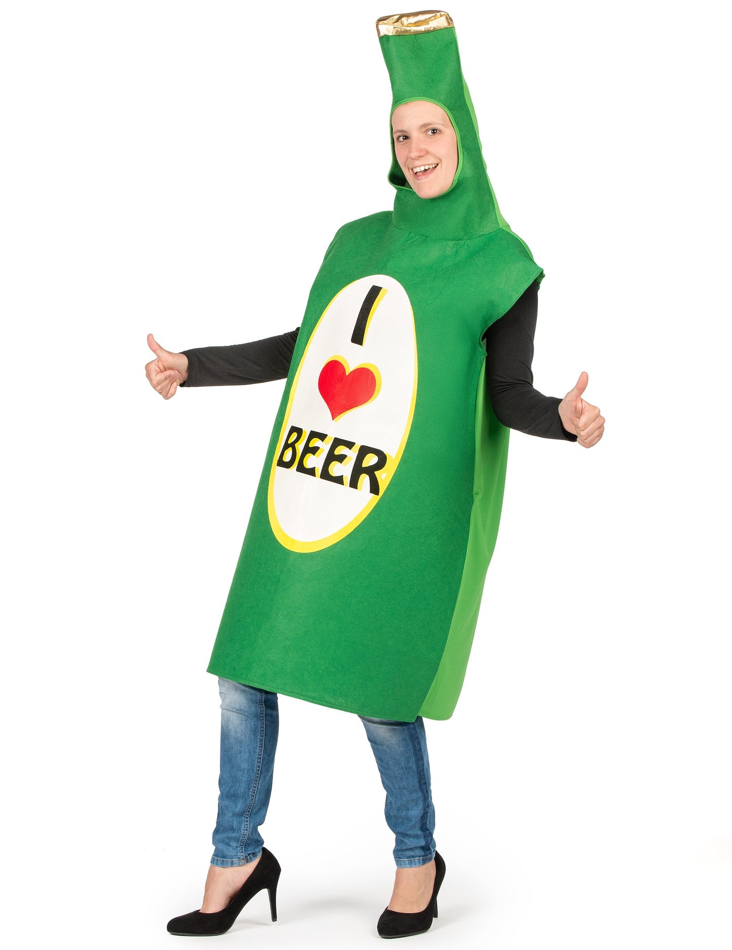 Pohľad spredu na déguisovanie fľaše piva pre dospelých