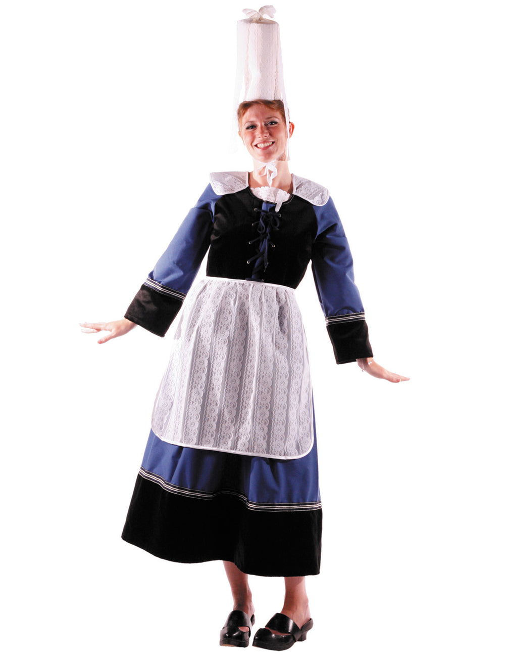 Déguisement bretonne luxe pour femme bleu et noir avec haute coiffe et tablier en dentelle