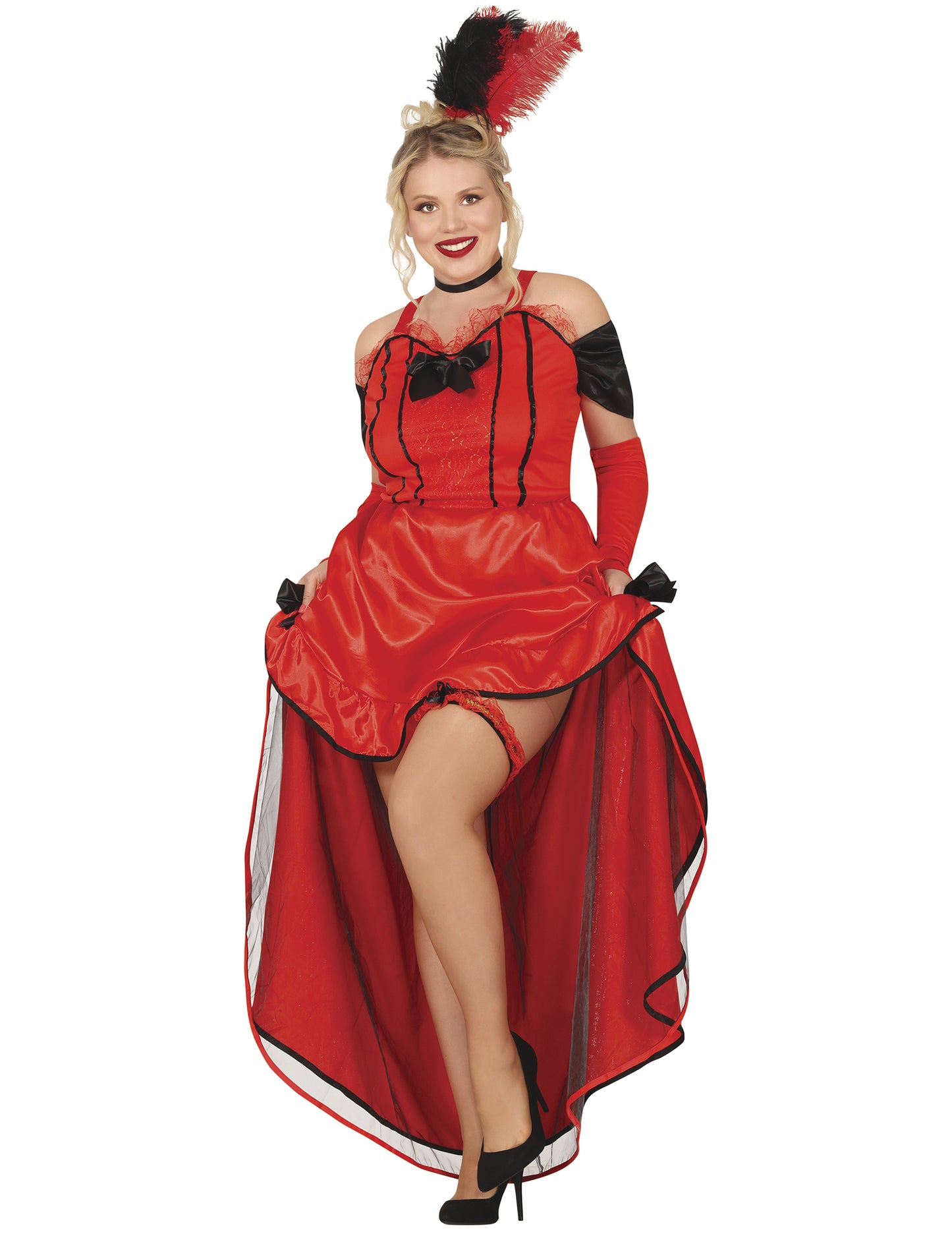 Red Cancan kostým s čiernymi uzlami žena