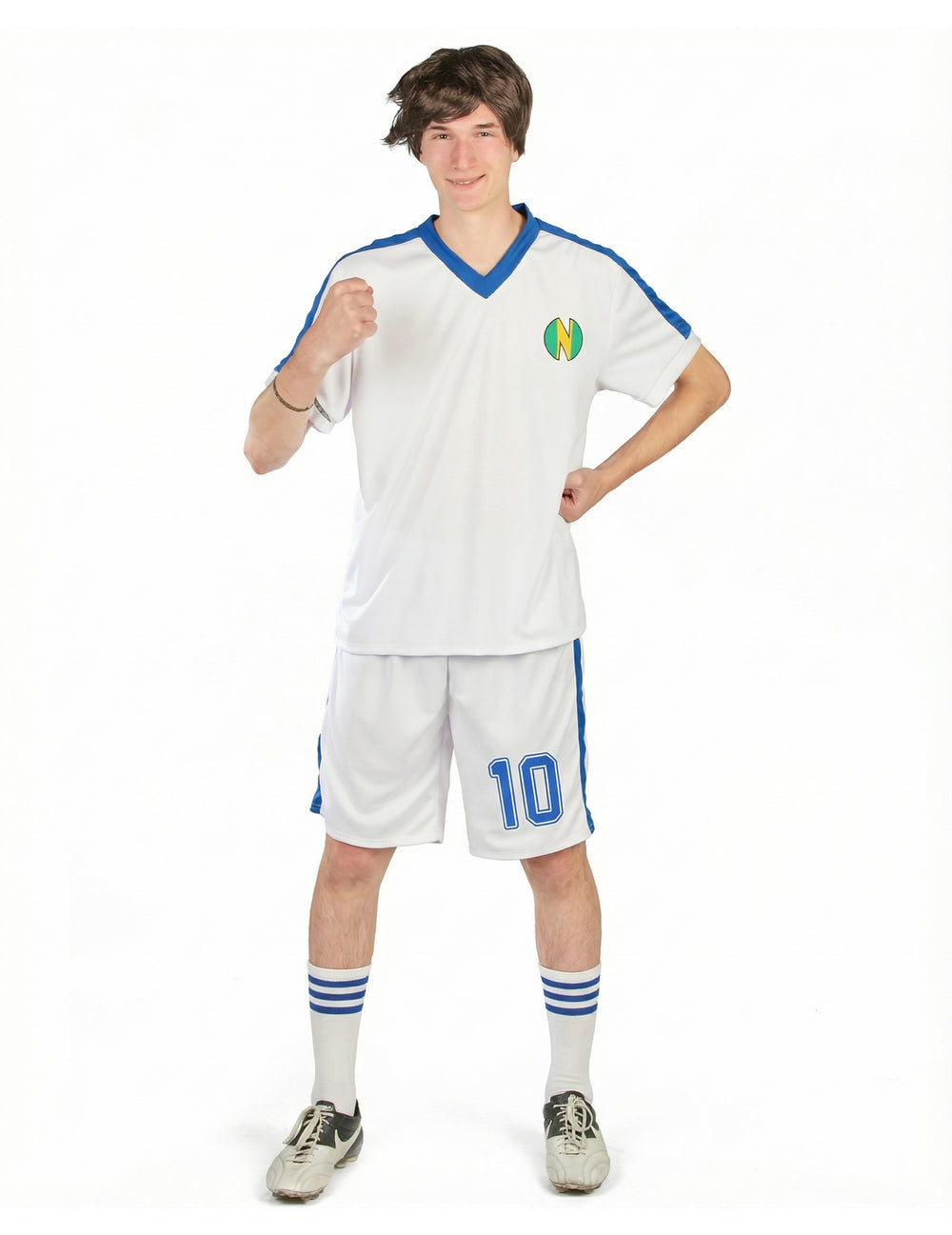 Déguisement de capitaine de football pour homme blanc et bleu avec numéro 10