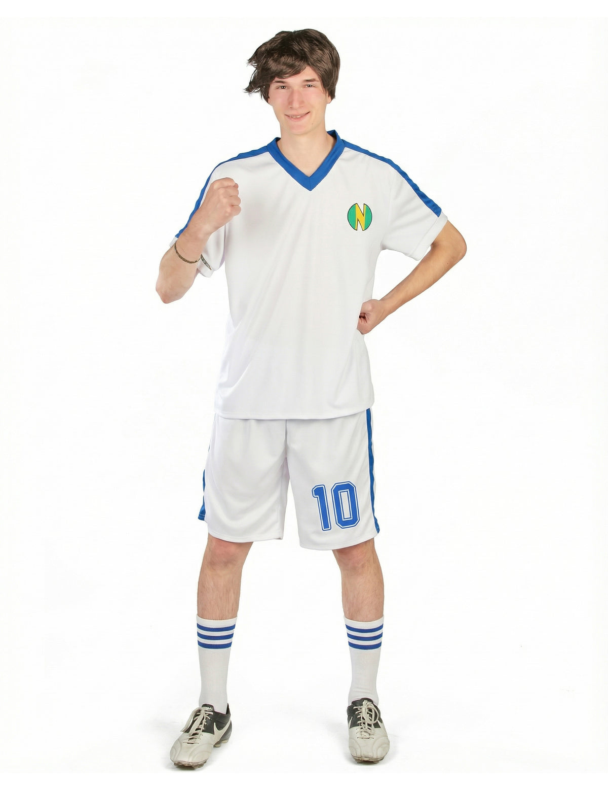 Déguisement de capitaine de football pour homme blanc et bleu avec numéro 10