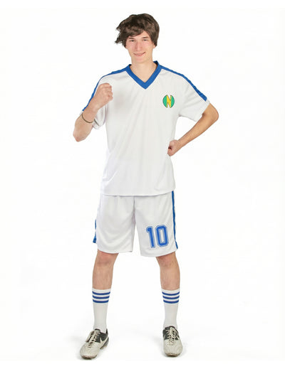 Déguisement de capitaine de football pour homme blanc et bleu avec numéro 10