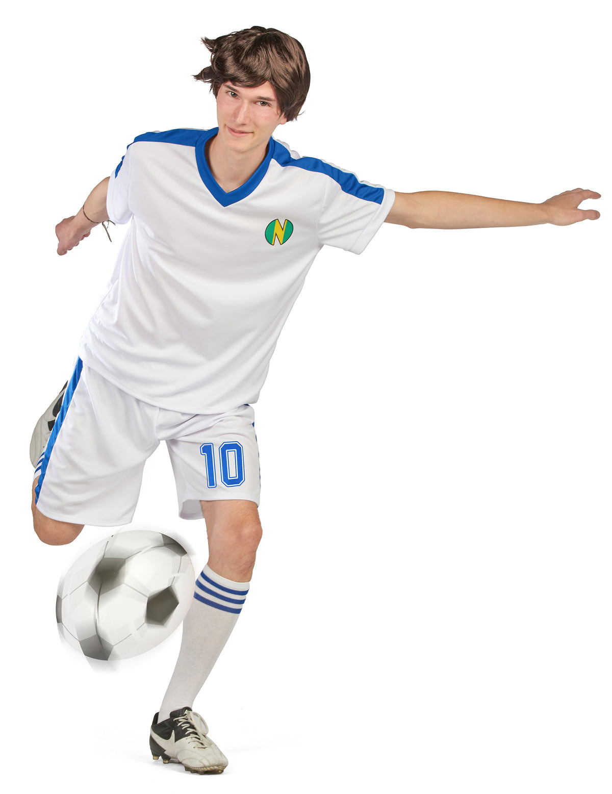 Vue de face en action du déguisement de capitaine de football pour homme