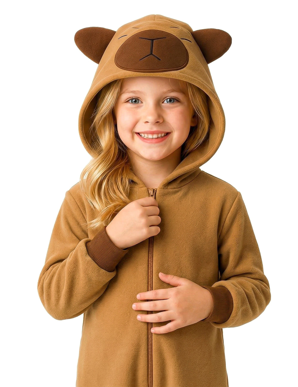 Gros plan sur la capuche du déguisement Capybara pour enfant