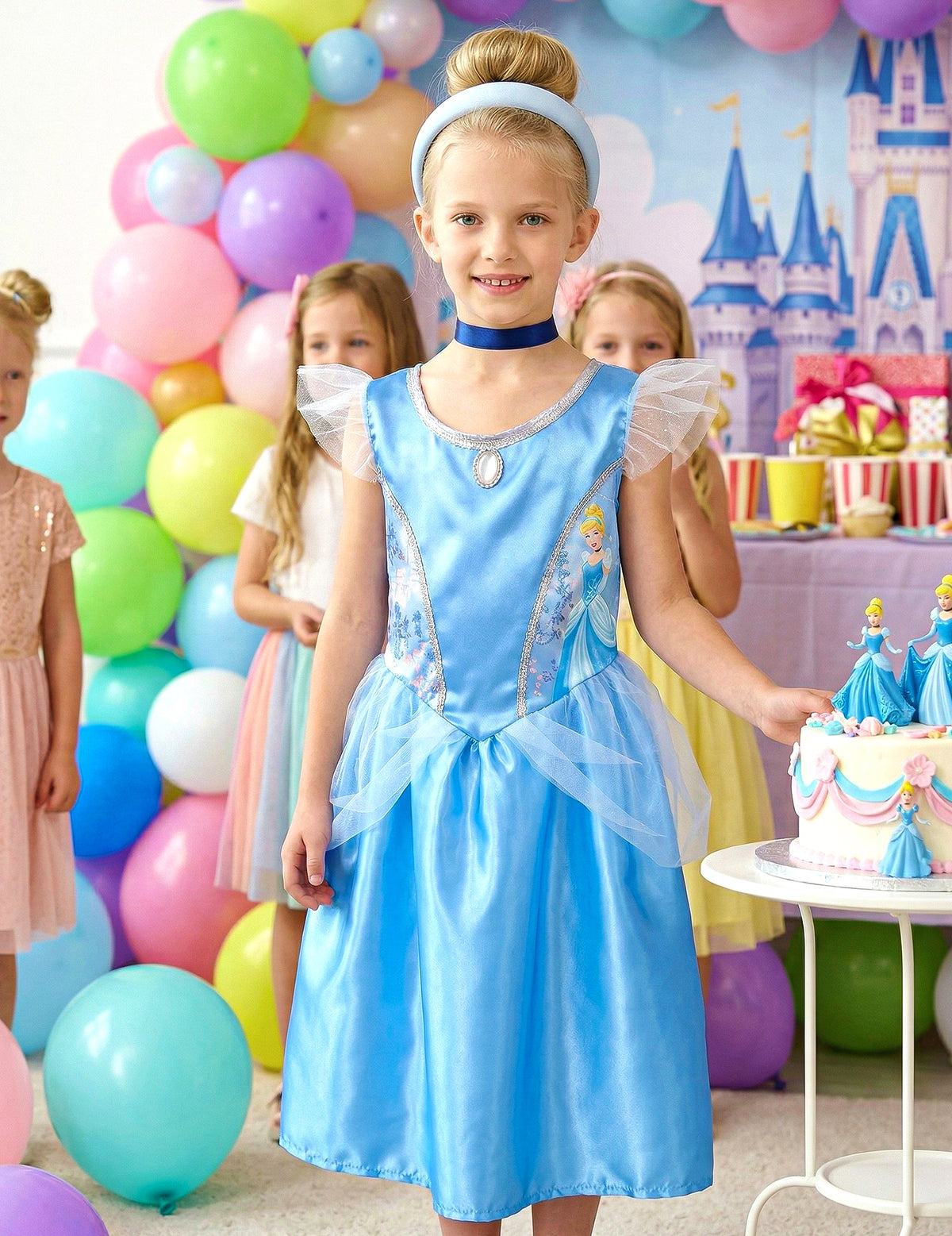 Mise en situation lors d'une fête d'anniversaire du déguisement Cendrillon™ basique pour enfant
