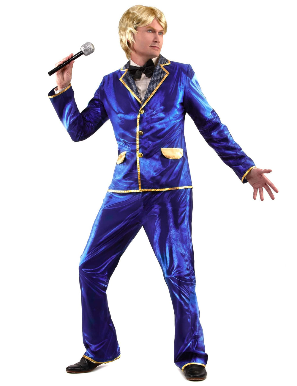 Kostým disco speváka pre muž modrá lesklý so zlatými lemami