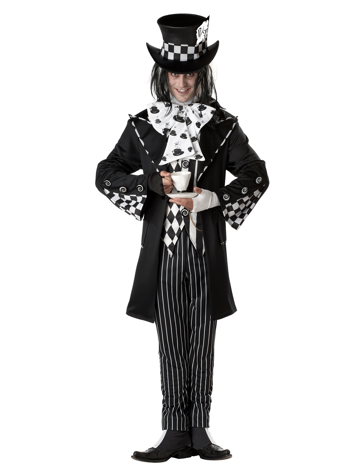 Déguisement de chapelier fou pour homme noir et blanc avec chapeau haut-de-forme