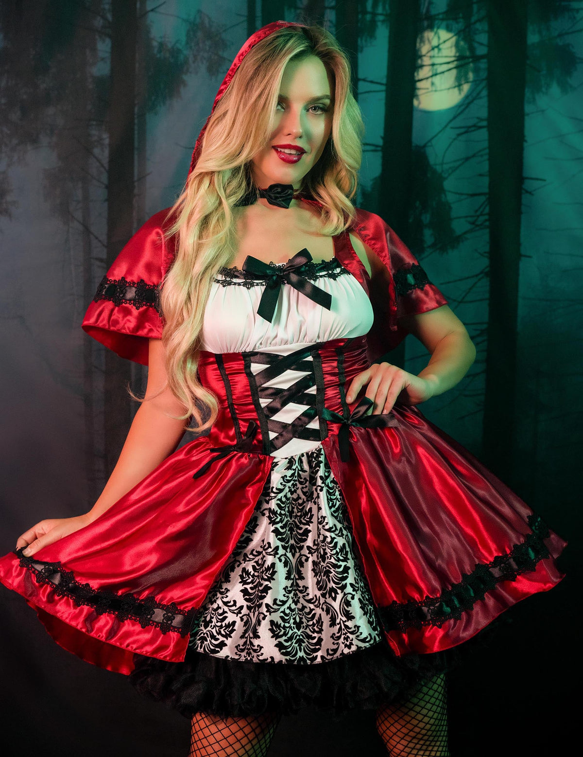 Détails du bustier et de la dentelle du déguisement de chaperon rouge chic