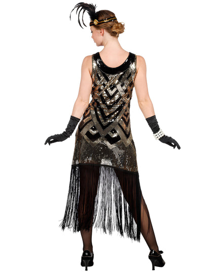 Luxusný dámsky charlestonový kostým v čiernej a zlatej farbe so flitrami 