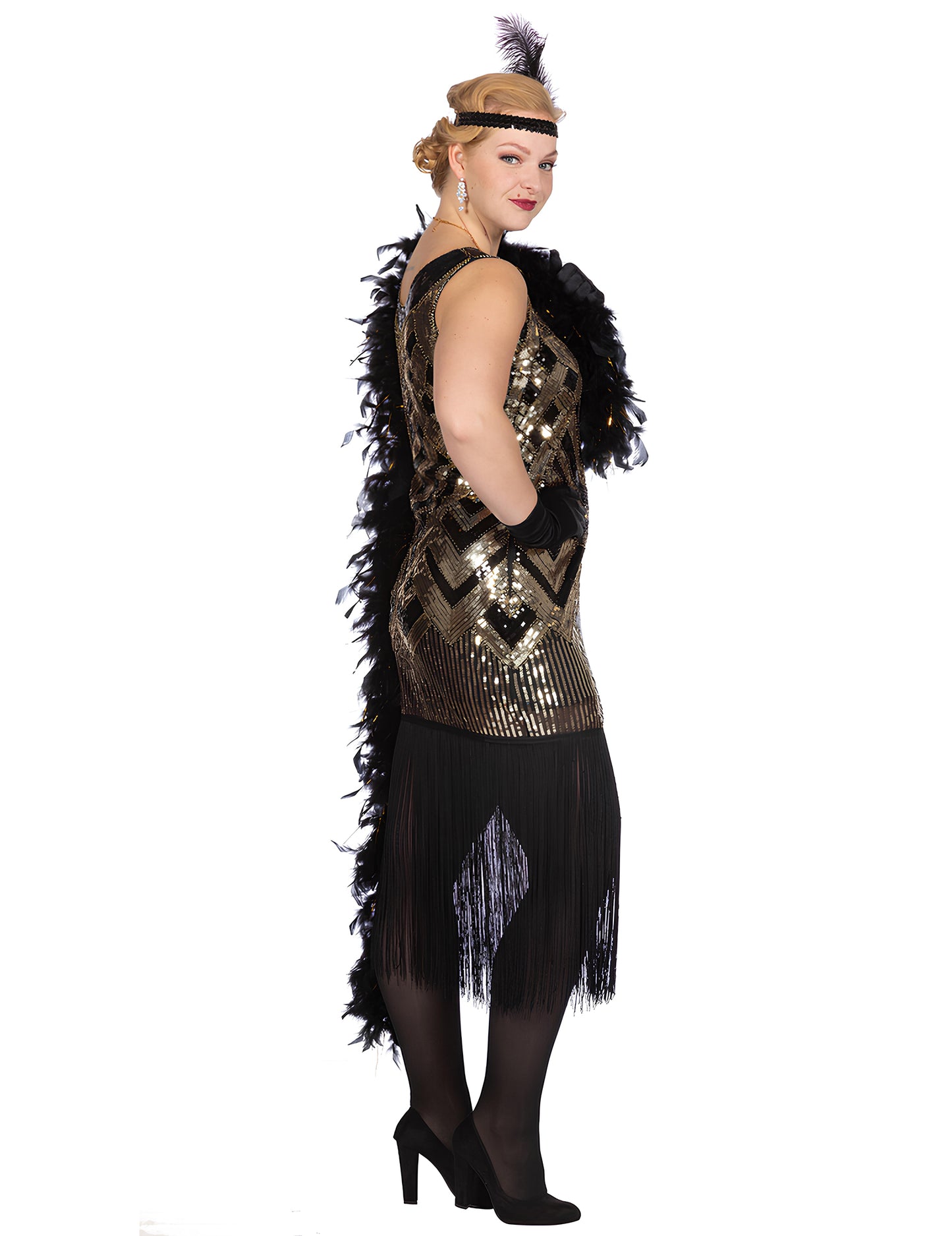 Luxusný dámsky charlestonový kostým v čiernej a zlatej farbe so flitrami 