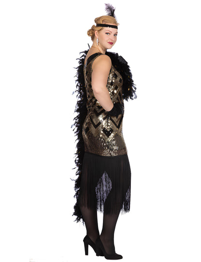 Luxusný dámsky charlestonový kostým v čiernej a zlatej farbe so flitrami 