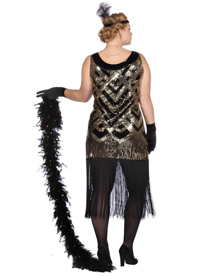 Luxusný dámsky charlestonový kostým v čiernej a zlatej farbe so flitrami 